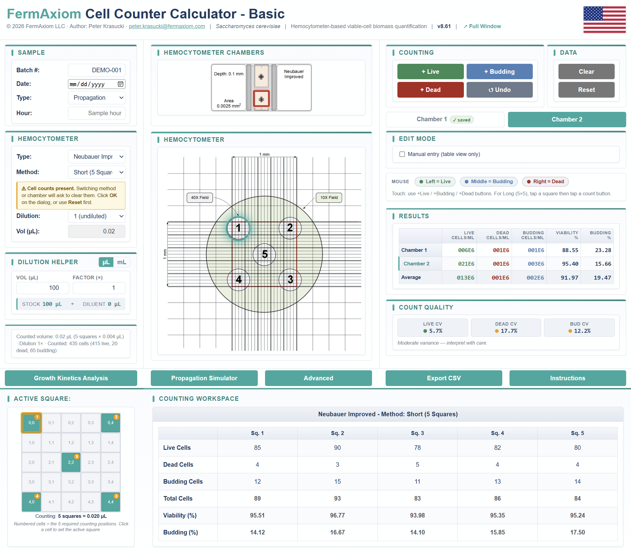 FermAxiom Cell Counter Calculator – Basic interface preview (v8.60)